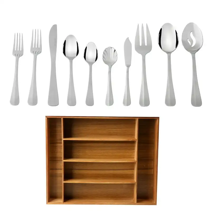 

45 Piece Stainless Steel Flatware Set with Wooden Tray Organizer, Service for 8 Kitchen accessories Food storage bag Storage org