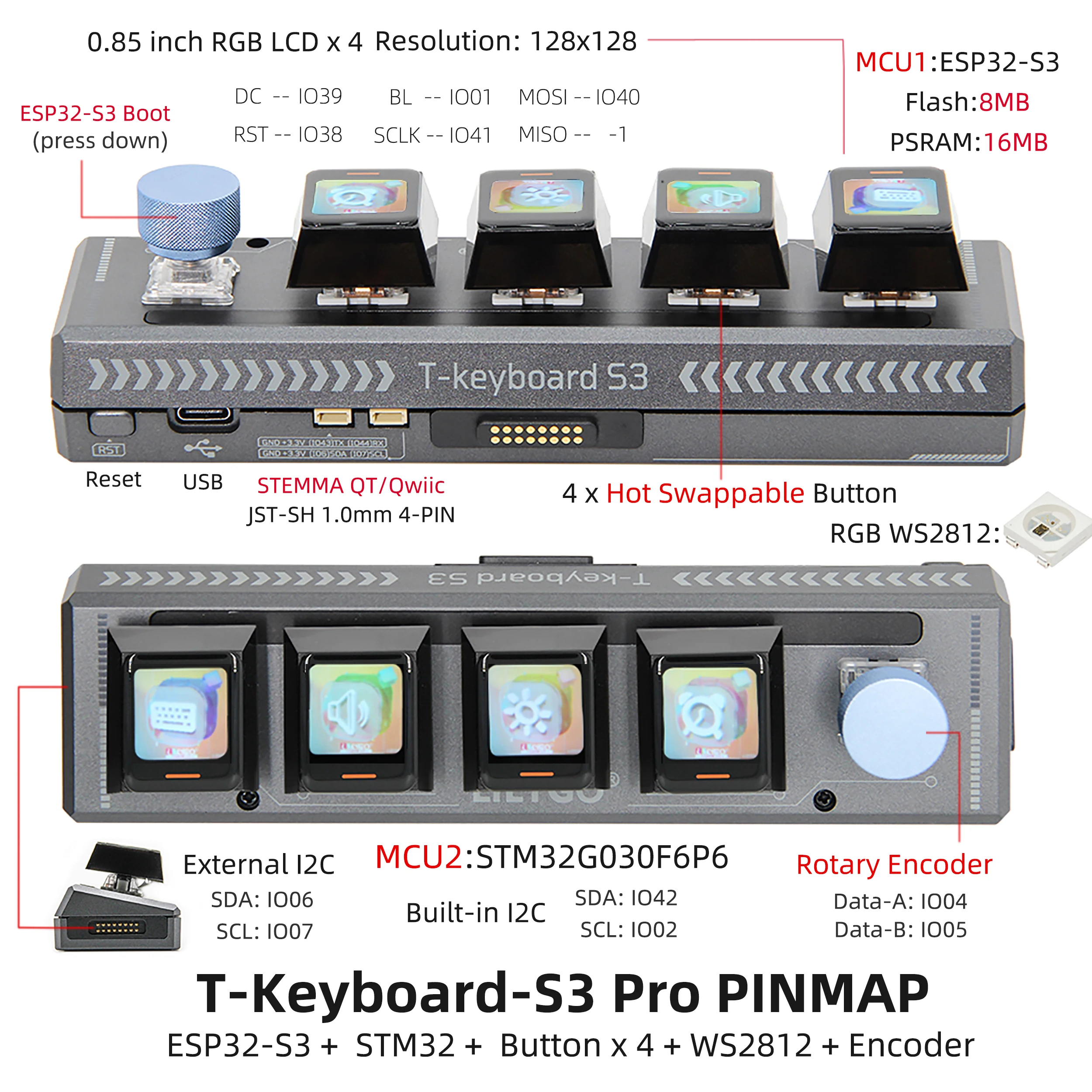 ® T-Keyboard-S3 Pro ESP32-S3 Keyboard Development Board 0.85-inch LCD Button WiF