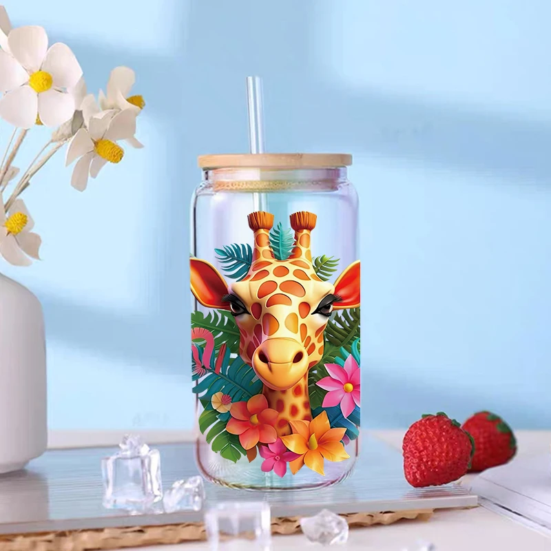 UV DTF 3D Floral White Deer Lions, Zebras, Giraffes, Tigers, Horses Prints For 16 Oz Libbey Glass Can Wraps D14174