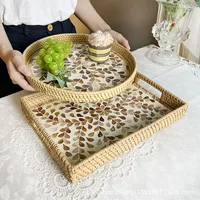 Rattan Shell Color Storage Round Handmade Home Living Room Light Luxury Picnic Fruit Plate Candy Restaurant Advanced Tray 1