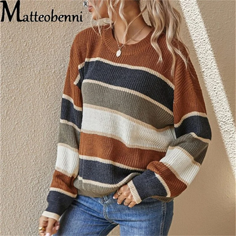 2022 Autumn New Round Neck Women's Contrast Striped Pullover Ladies Long-Sleeve Loose Comfortable Urban Casual Versatile Sweater