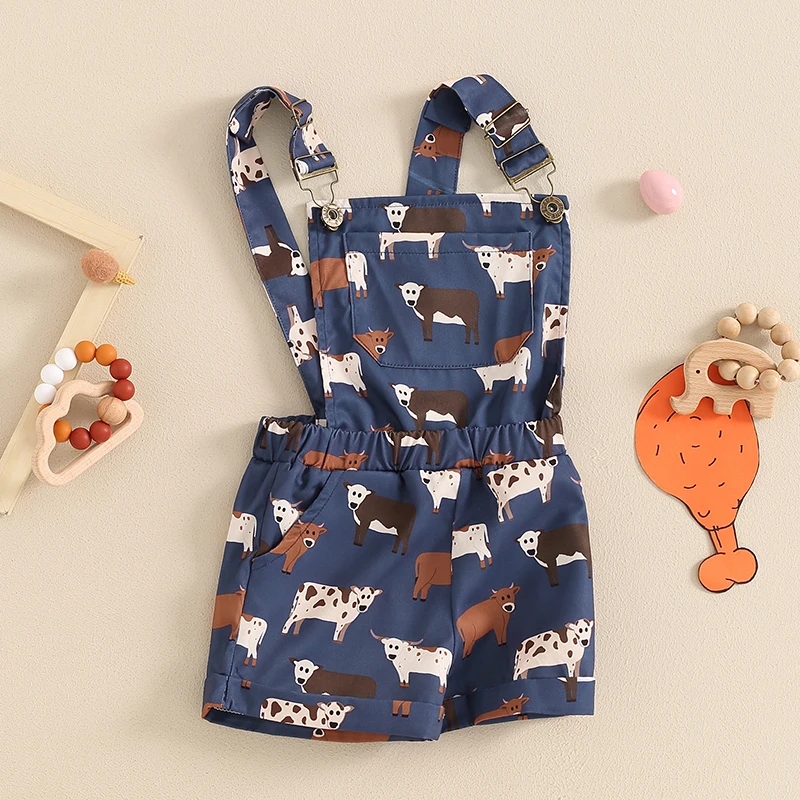 Children s Boys Denim Overalls with Dinosaur Print Adjustable Straps Buttons Pockets Shortall Summer Romper Jumpsuit