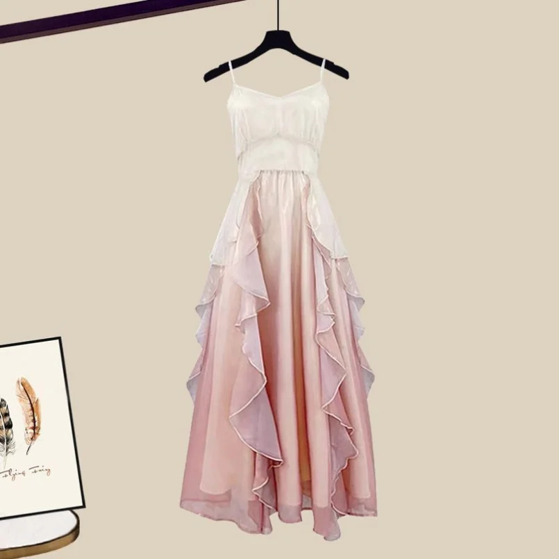 Summer Set Women's 2024 New Korean Edition Women's Fashion and Stylish Bow Shirt Waist Wrap Dress Two Piece Set