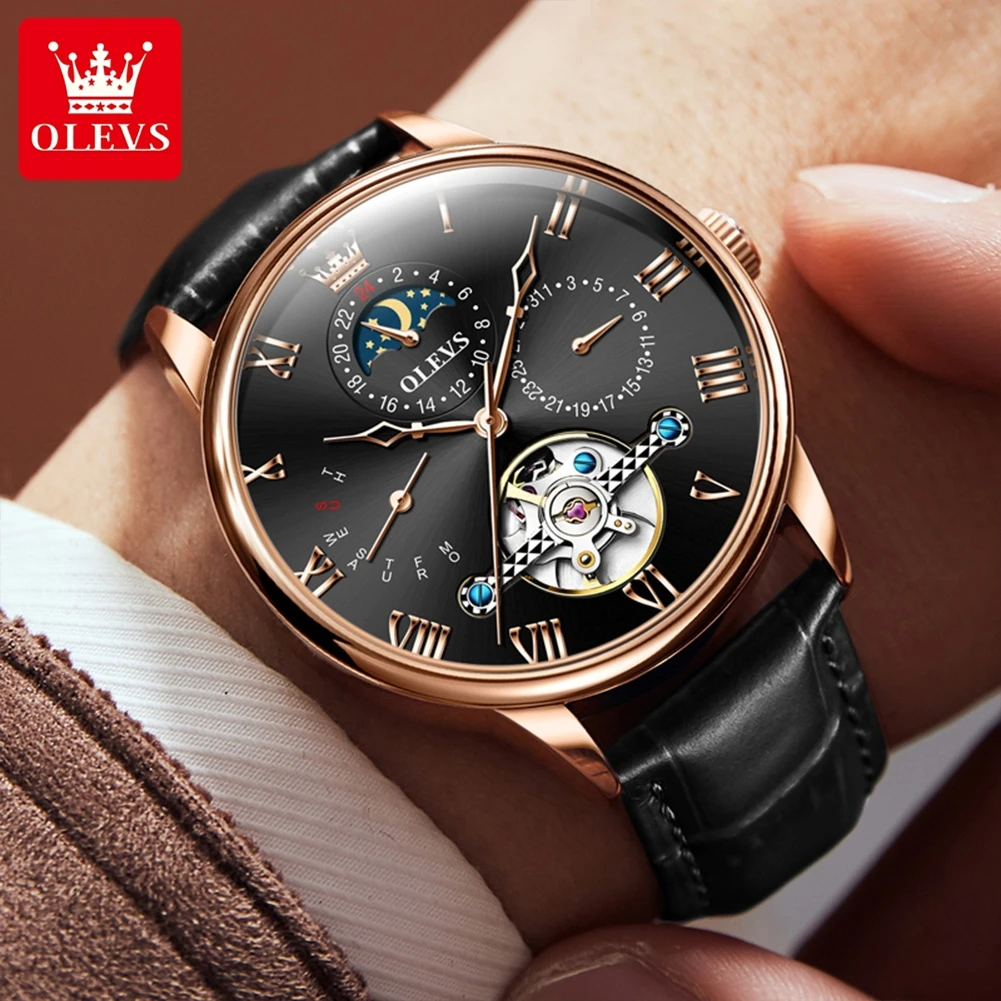 OLEVS Original Skeleton Mechanical Watch for Men Leather Strap Luxury Top Brand Moon Phase Waterproof Automatic Men's Wristwatch