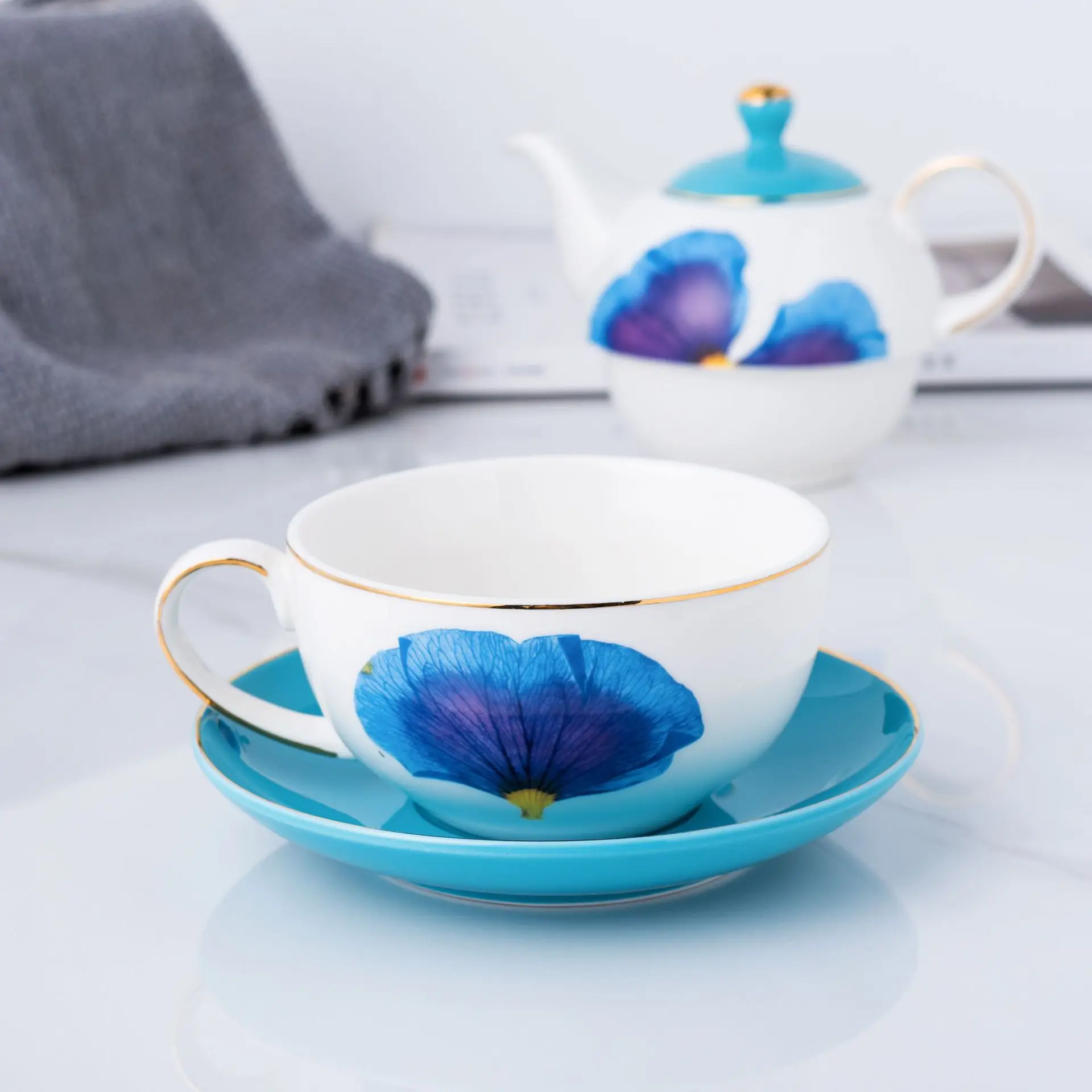 Ceramic Tea for One Set, Teapot with Infuser and Cup Set for One, Blue Flowers/Yellow Butterfly Tea Set with Honey Dipper Stick