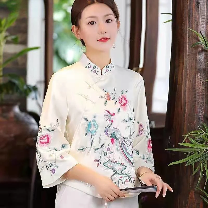 Retro Embroidery Chinese Tang Dress Shirt Standing Collar Hanfu Women's Harajuku Ethnic Top Women's New Elegant Cheongsam Top