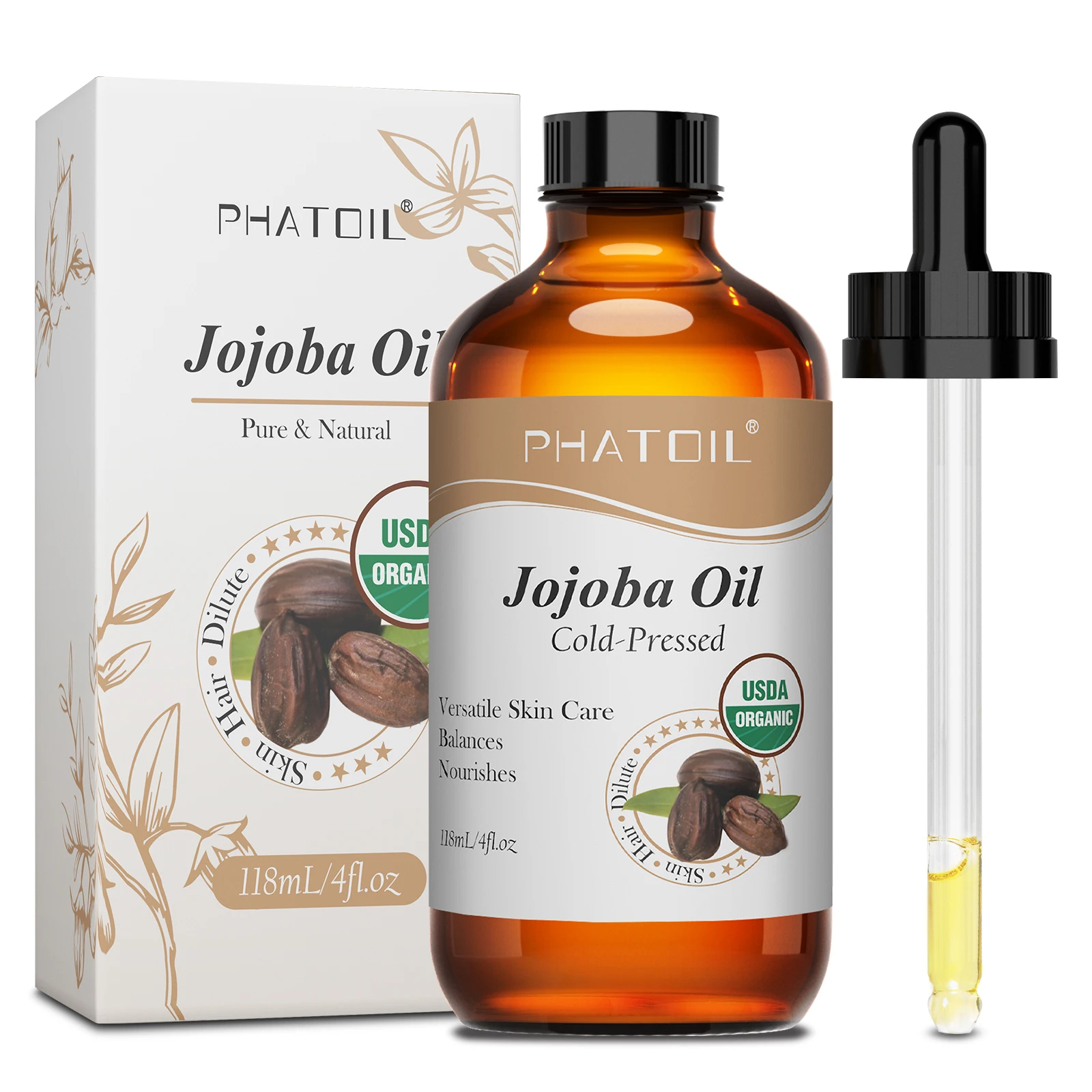 PHATOIL 118ml huile de jojoba biologique pressée à froid huile de transport de graines de rose musquée naturelle pure hydratante pour le visage, les cheveux, la peau et les ongles