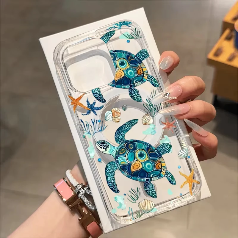 Sea Turtle & Sea Star Magnetic Clear Phone Case - Elegant Hard Cover