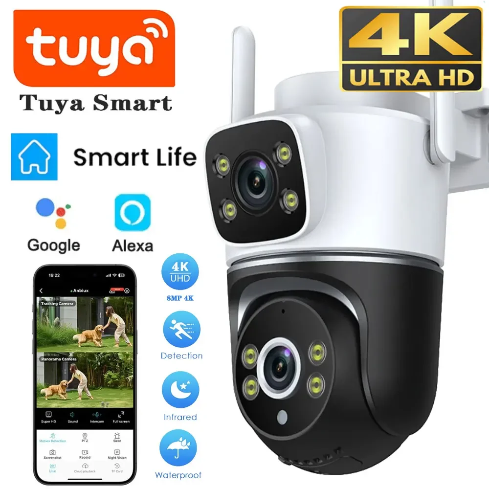 Outdoor Dual Lens Tuya Wifi Camera 4K 8MP Dual Screen PTZ Camera CCTV Video Surveillance Home Night Vision Security-Protection