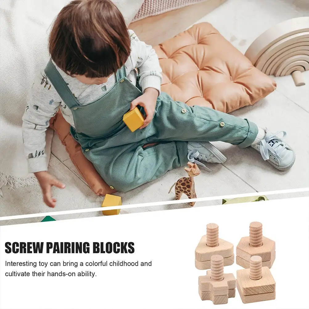 4세트 기하학적 모양 너트 분해 조립 조기 학습 매칭 나사 교육용 나무 블록 어린이용