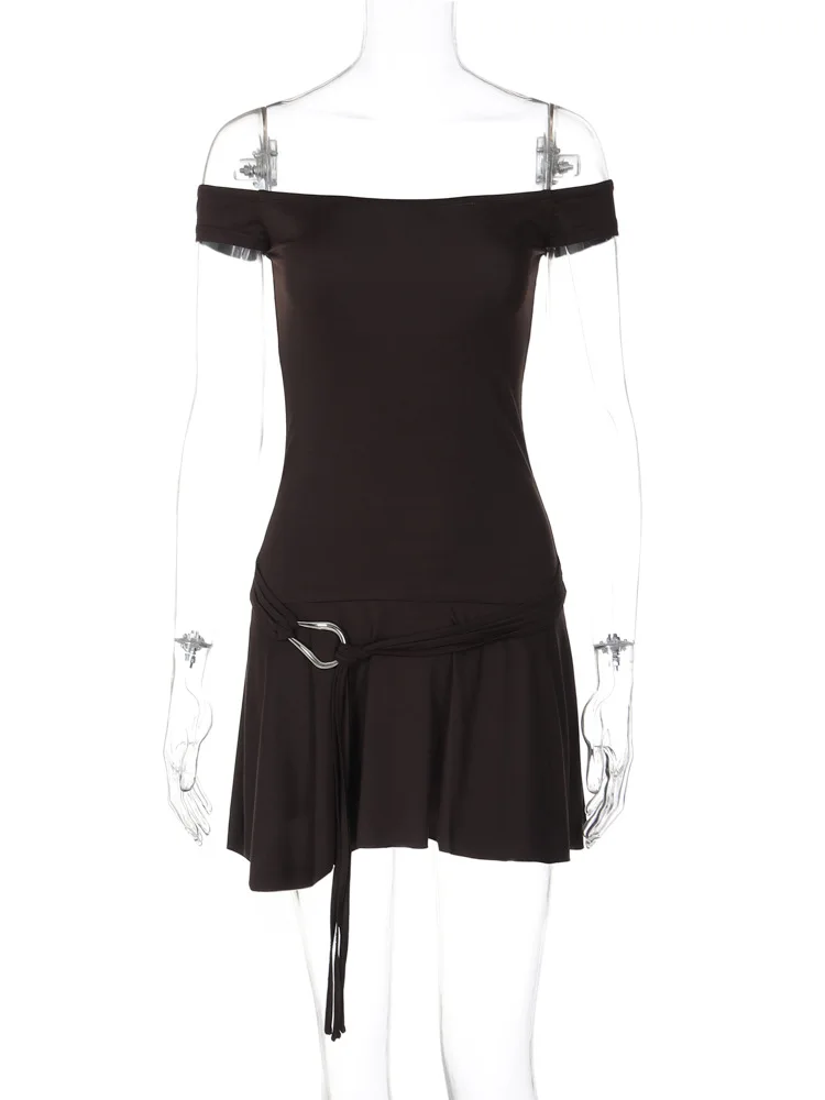 Vestido mini sexy sin mangas con hombros descubiertos y sin tirantes para mujer, con volantes en los bordes, ajustado con cinturón, para fiesta y club.
