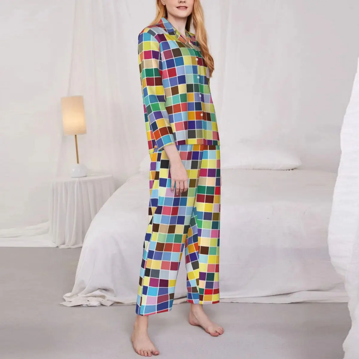 

Пижамный комплект с геопечатью, цветная теплая клетчатая Пижама, Женская свободная ночная рубашка с длинным рукавом для сна, 2 предмета, большие размеры XL 2XL