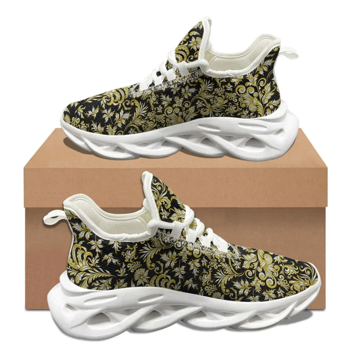 Gold Black Baroque Printed Comfortable Sneakers Shock Absorbing Anti-Slip Basketball Shoes Breathable Lace-Up Vulcanized Shoes