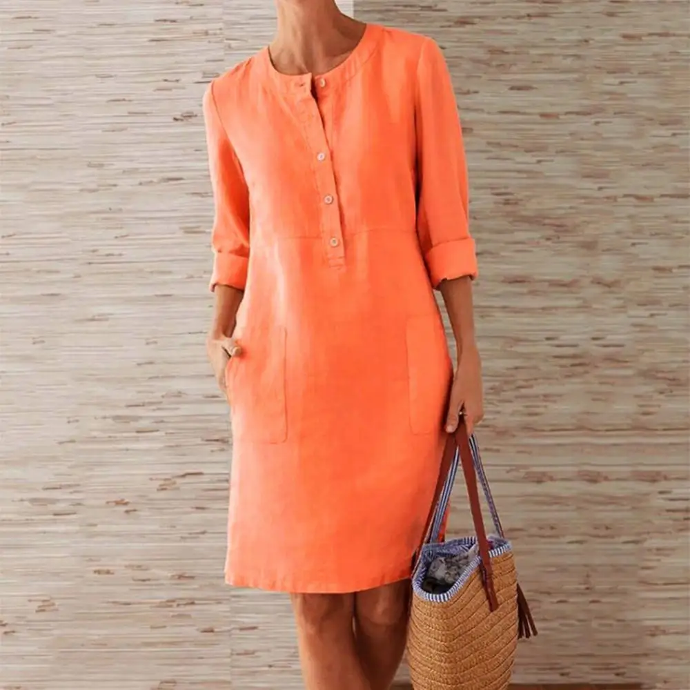 Summer Boho Vintage Dress Women Casual Long Sleeve Buttons Pockets Cotton Linen Loose Knee-length Dress 3