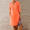 Summer Boho Vintage Dress Women Casual Long Sleeve Buttons Pockets Cotton Linen Loose Knee-length Dress 3