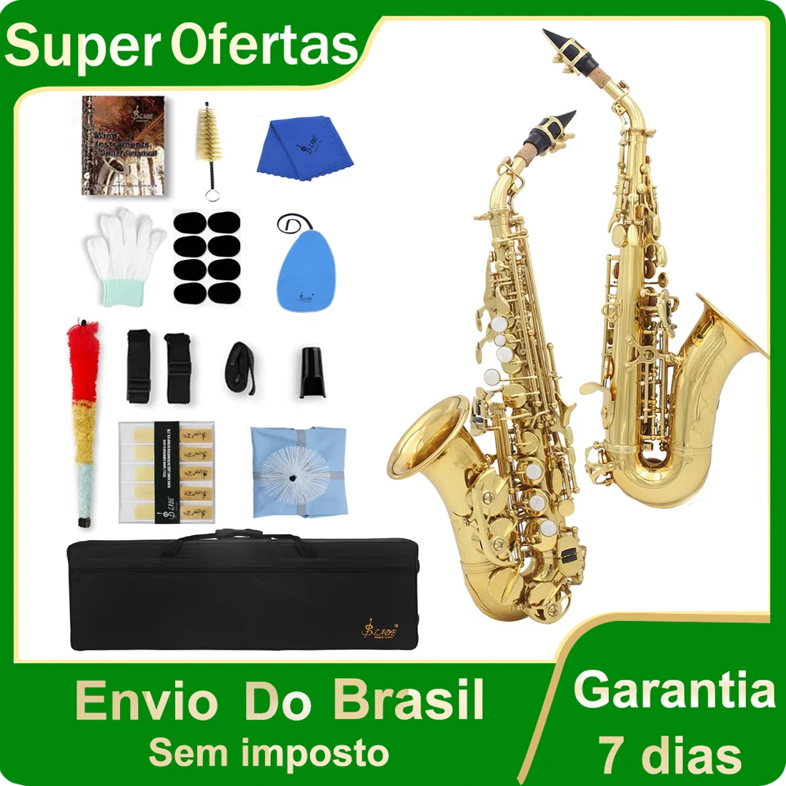 SLADE Gold Soprano Saxophone Student B Flat Gold Paint Beginner Saxophone Set with Cleaning Cloth Suitcase Mouthpiece Reeds Part