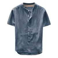 Short Sleeve Shirt Linen Tops Sexy Men Clothing 2022 Summer Solid Color Casual Pullover Single-breasted Sexy Mens Blouse - Image 2