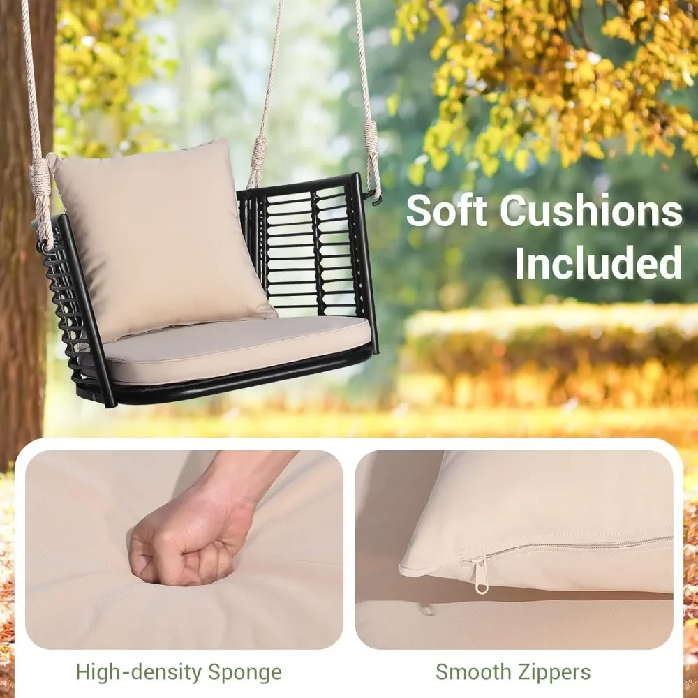 Outdoor Metal Porch Swing, Single Person Hanging Seat with/Woven Rattan Backrest, 2 Sturdy Hanging Ropes, Seat & Back Cushion 6