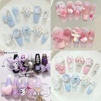 10Pcs Hot Sale Kawaii Sanrio Hello Kitty Kuromi Fake Nail Art Handmade 3D Bowknot Rhinestone Removable Nail Art Girls Gift 1