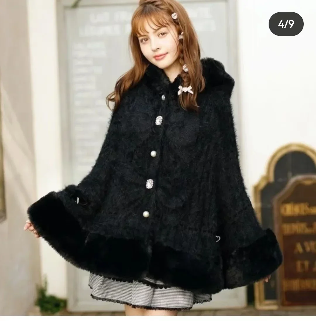 Japanese Liz Sweet Princess Faux Rabbit Fur Cape Coat Women Autumn