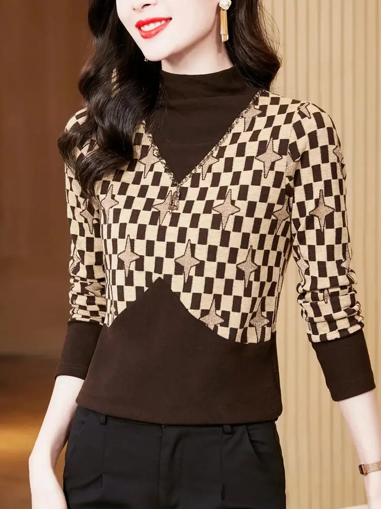 

Женская теплая футболка в клетку, с высоким воротником и длинным рукавом