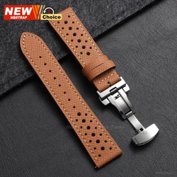 Vintage Leather Perforated Breathable Smartwatch Band with Butterfly Clasp - 22mm (Brown)