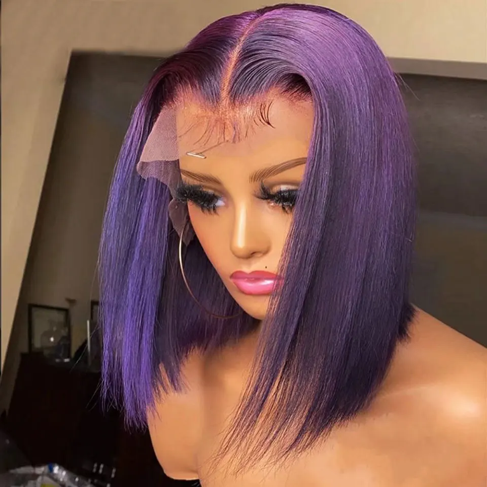 Short Bob Wig 180% Dark Purple Lace Front Human Hair Wigs For Women 13x4 Lace Frontal Wig Colored Straight Bob Lace Front Wigs - Image 3