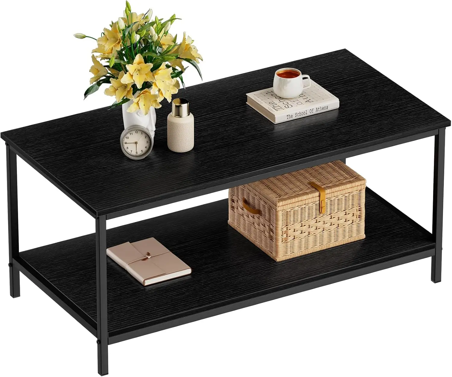 Black Coffee Table for Living Room Modern Rectangle 2-Tier Coffee Tables with Storage Industrial Wood Center Table for Large 2