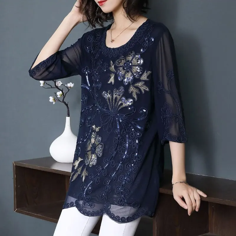 Vintage Floral Embroidery Applique Blouse Casual Loose Spring Summer 3/4 Sleeve Women's Clothing Stylish Sequined O-Neck Shirt