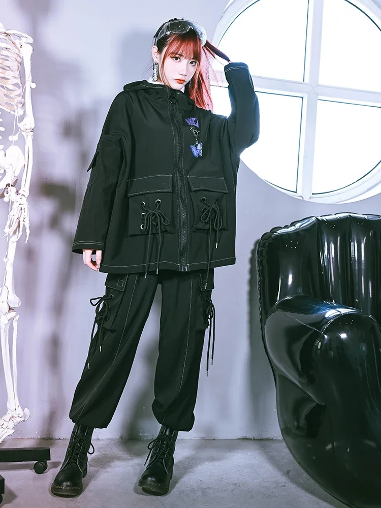 Retro Women's Fashion Overalls 2023 Autumn Winter Black Street Style High Waist Pocket Asymmetric Casual Sports Long Pants