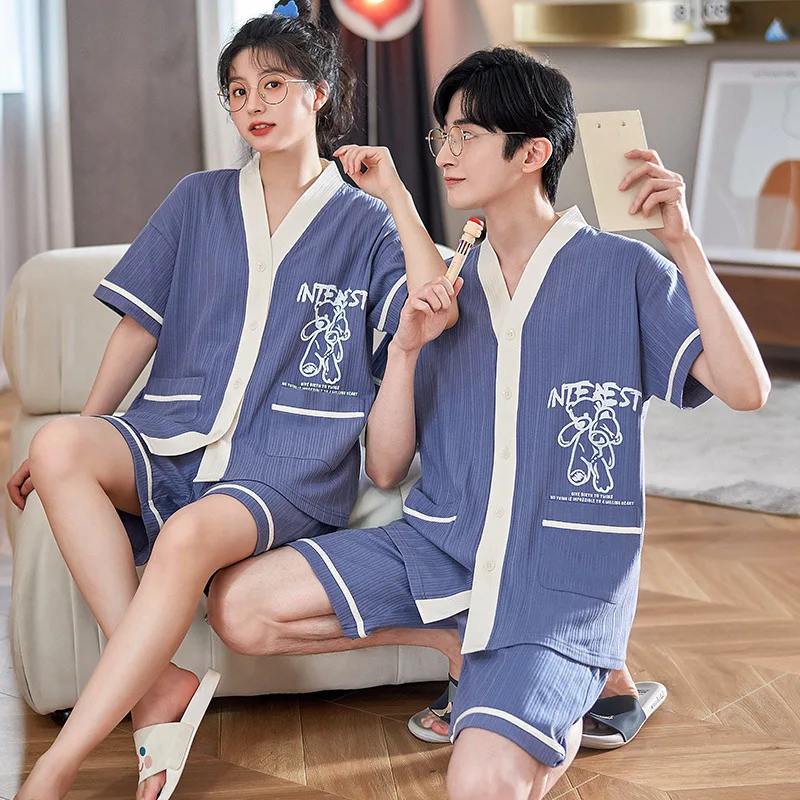 Japan Kimono Nightwear For Couples Summer Cotton Men Pajamas Set Short Sleeping Tops Pant Women Home Clothes Loungewear Hombre