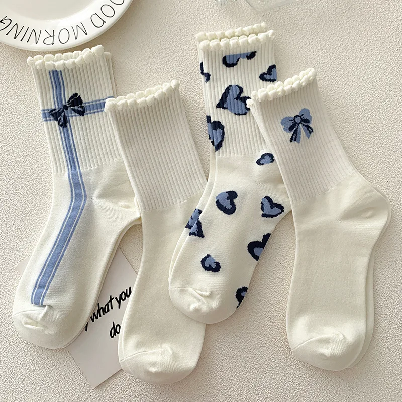 

Ruffle Socks Lolita Ruffle Flower Crew Middle Tube Short White Striped Sock Female Spring Sweet Kawaii Crew Sock Calcetines Gift