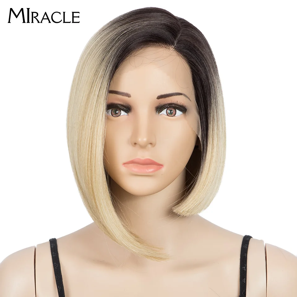 MIRACLE Synthetic Lace Wig For Women Straight Short Bob Wig Side Part Ombre Blonde Lace Wigs