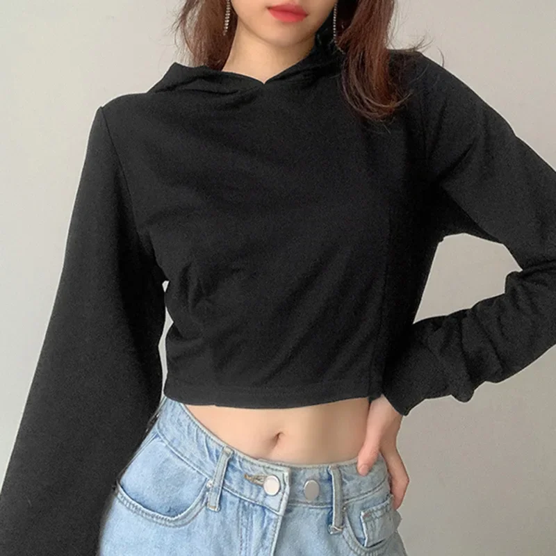 2023 Sexy Cross Bandage Tie Up Backless Sweatshirt Women Autumn Long Sleeve Harajuku Pink Pullover Black Hoodie Tops Crop Tops