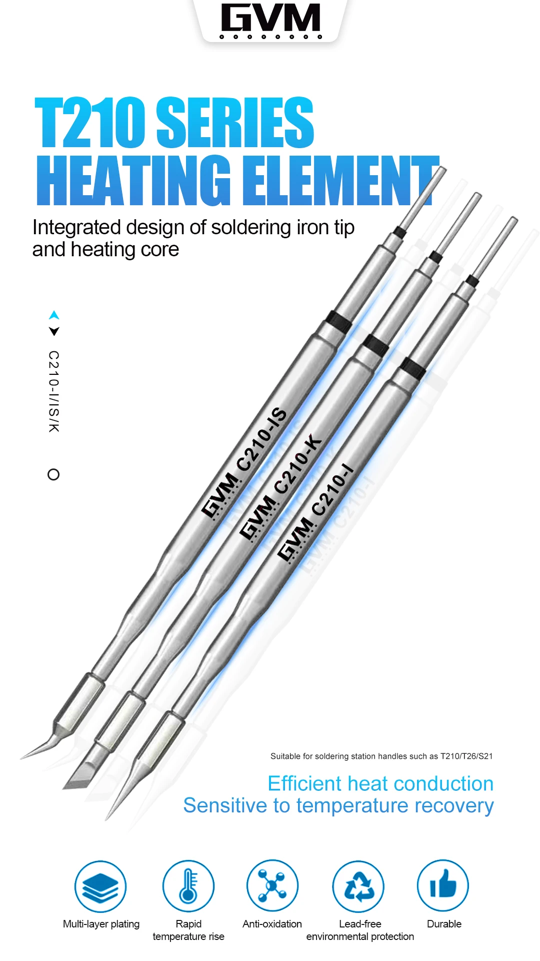 

GVM C210 Soldering Iron Tip for T210/T26/S21/JBC C210 Soldering Station Handles for SMD IC PCB Chip Welding Repair