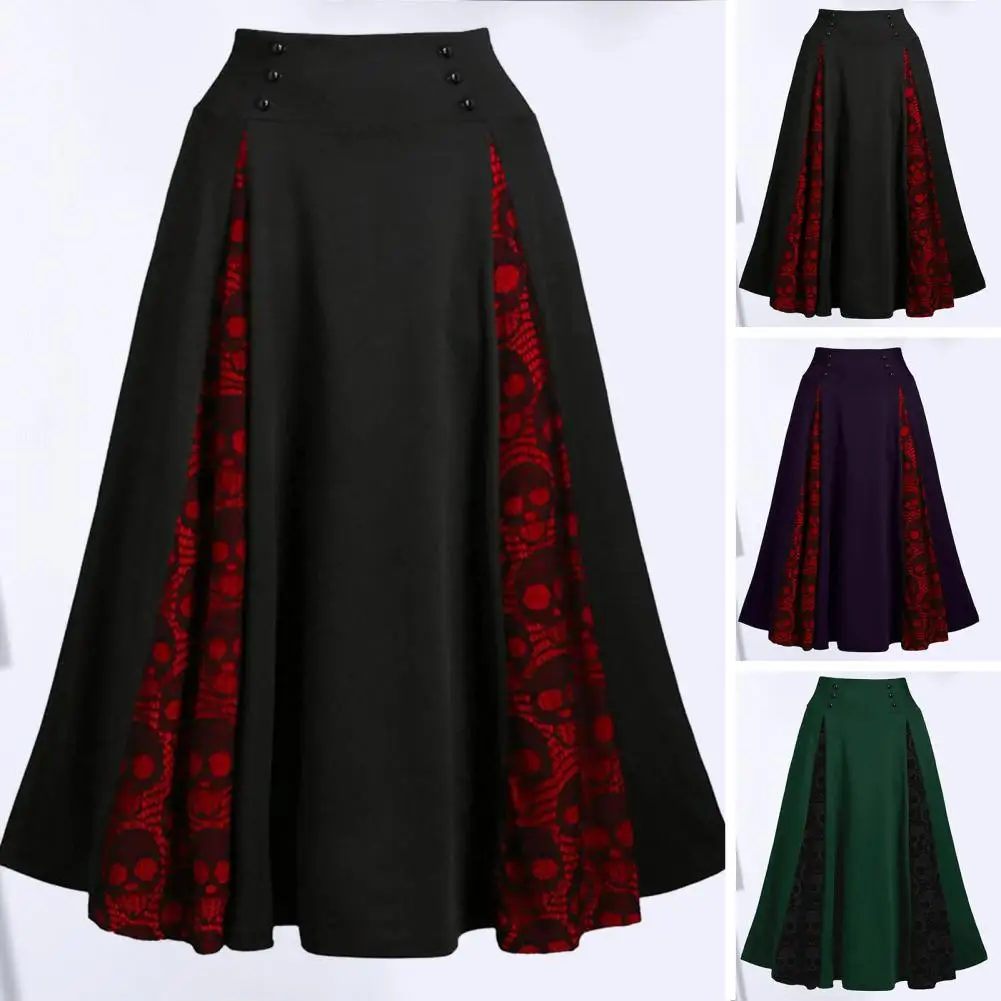 

Faux Two-piece Skirt Vintage Vampires Cosplay Skull Print A-line Midi Skirt High Waist Lace Up Adjustable Medieval-inspired