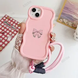 3D Bowknot Candy Wavy Phone Case with Lanyard Rope for Honor 70 lite 5g (Pink)