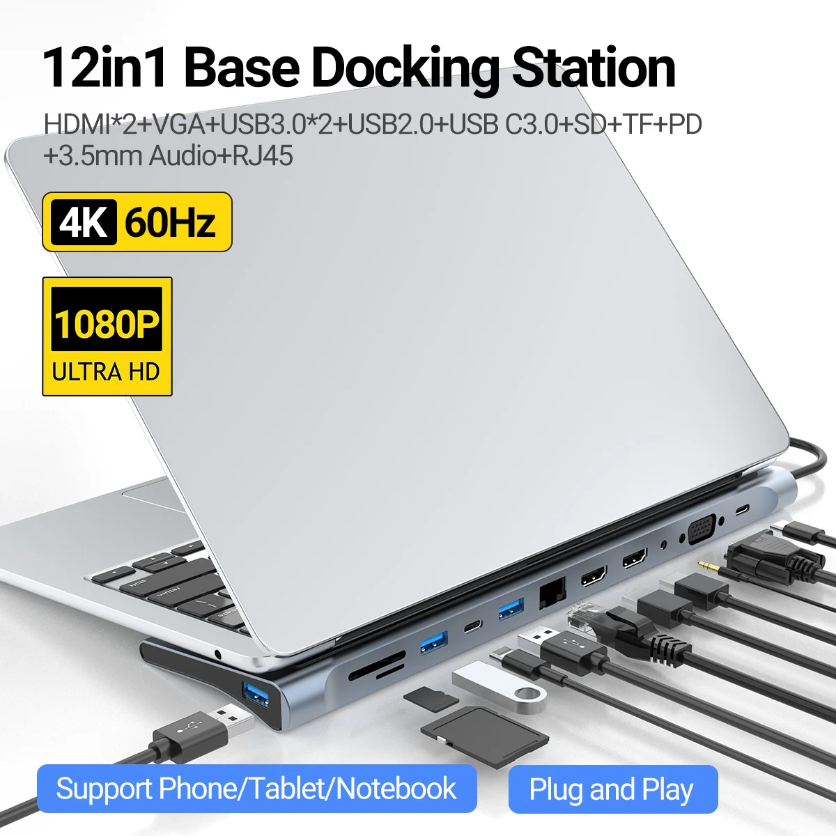 12 in 1 USB dock Triple monitor HDMI1.4*2+VGA+USB3.0/2.0+RJ45 100M+SD/TF+PD+TYPE C for Mac Pro/Air DELL ASUS