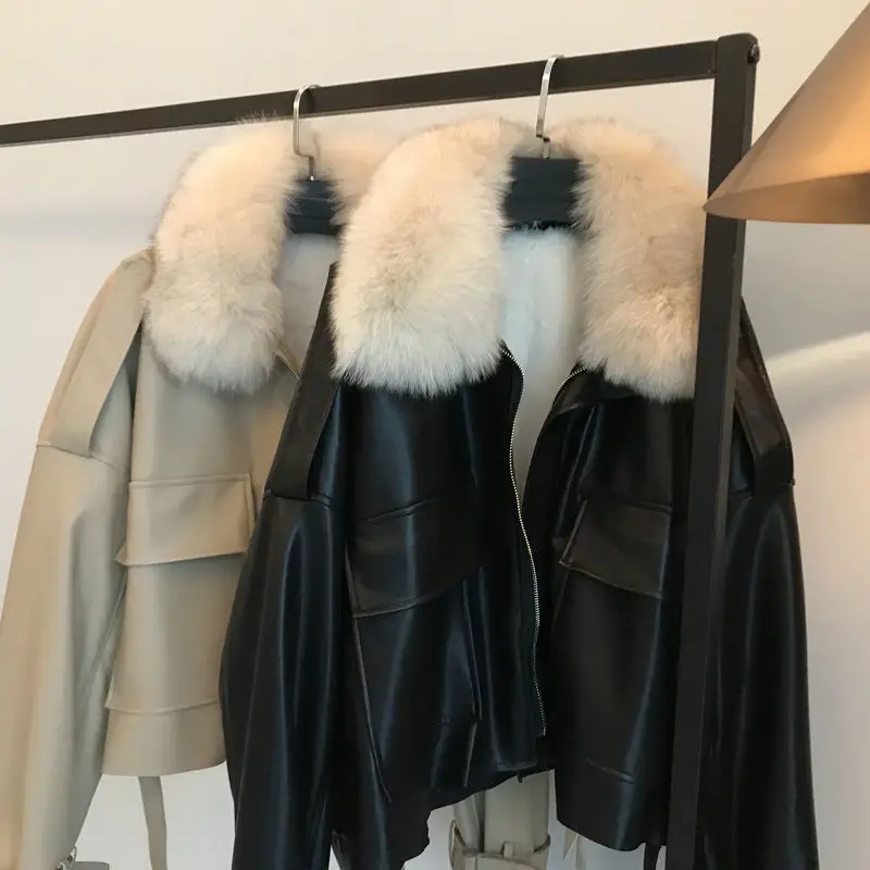Chic Autumn Winter Detachable Faux Mink Fur Collar PU Bomber Jacket Plus Velvet Thick Trench Coat Faux Leather Zipper Jacket