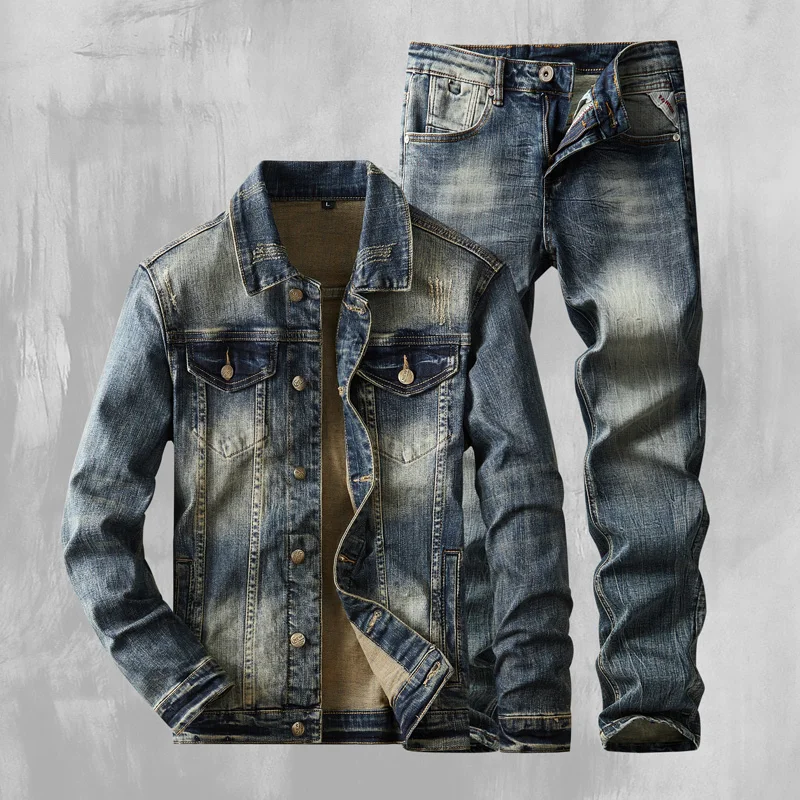 2024 Autumn/Winter New American Denim Coats Set Classic Simple and Versatile Washed Elastic Cowboy Jeans Clothes For Men