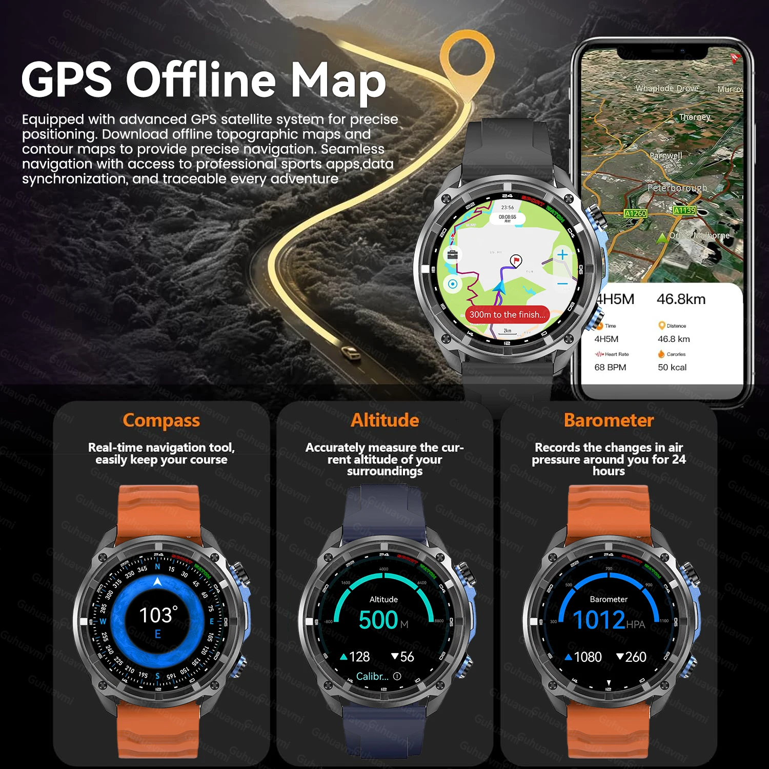 New Military Men Accuracy GPS Smart Watch Altimeter 10ATM Waterproof 1000mAh Battery Bluetooth Call 4GB Memory Adult Smartwatch_voghion.com
