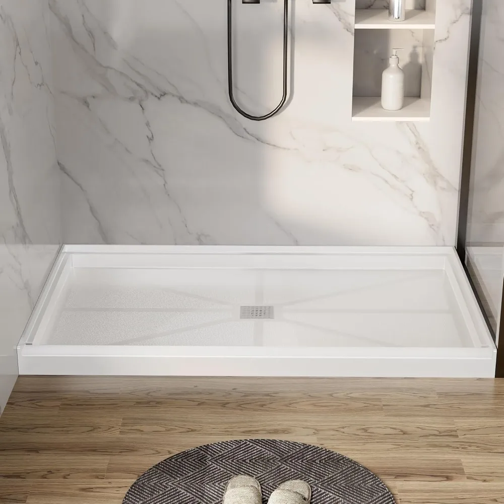Shower Base for Bathroom, 60'' L X 32'' W X 4'' H, Rectangle SMC Shower Pan in White, Single Threshold Base