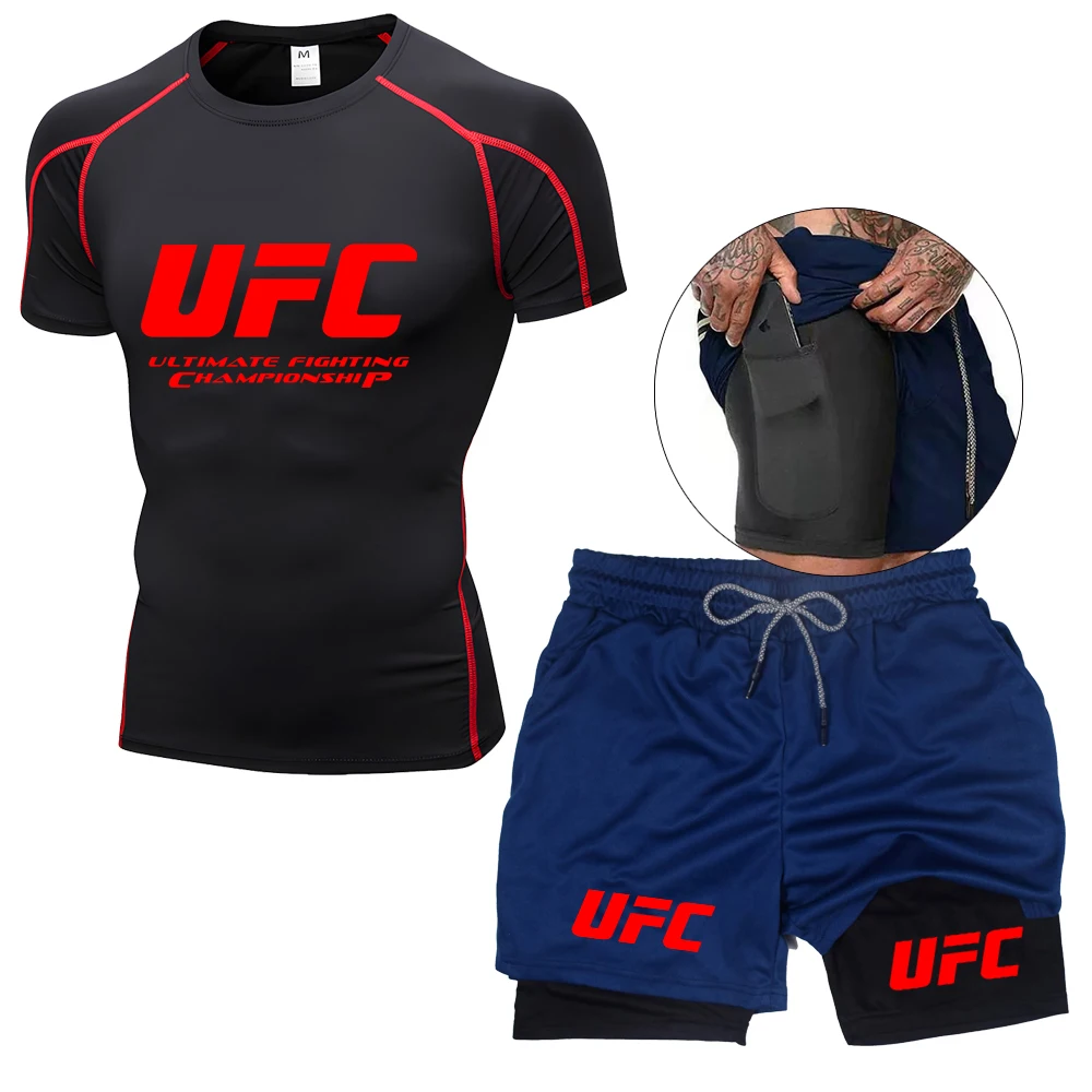 UFC الرجال القتال ضيق مطاطا تي شيرت مجموعة تي شيرتات قصيرة للأطفال الصيف المتضخم الرياضة في الهواء الطلق اللياقة البدنية الشارع الركض الرجال أعلى أسفل الدعاوى