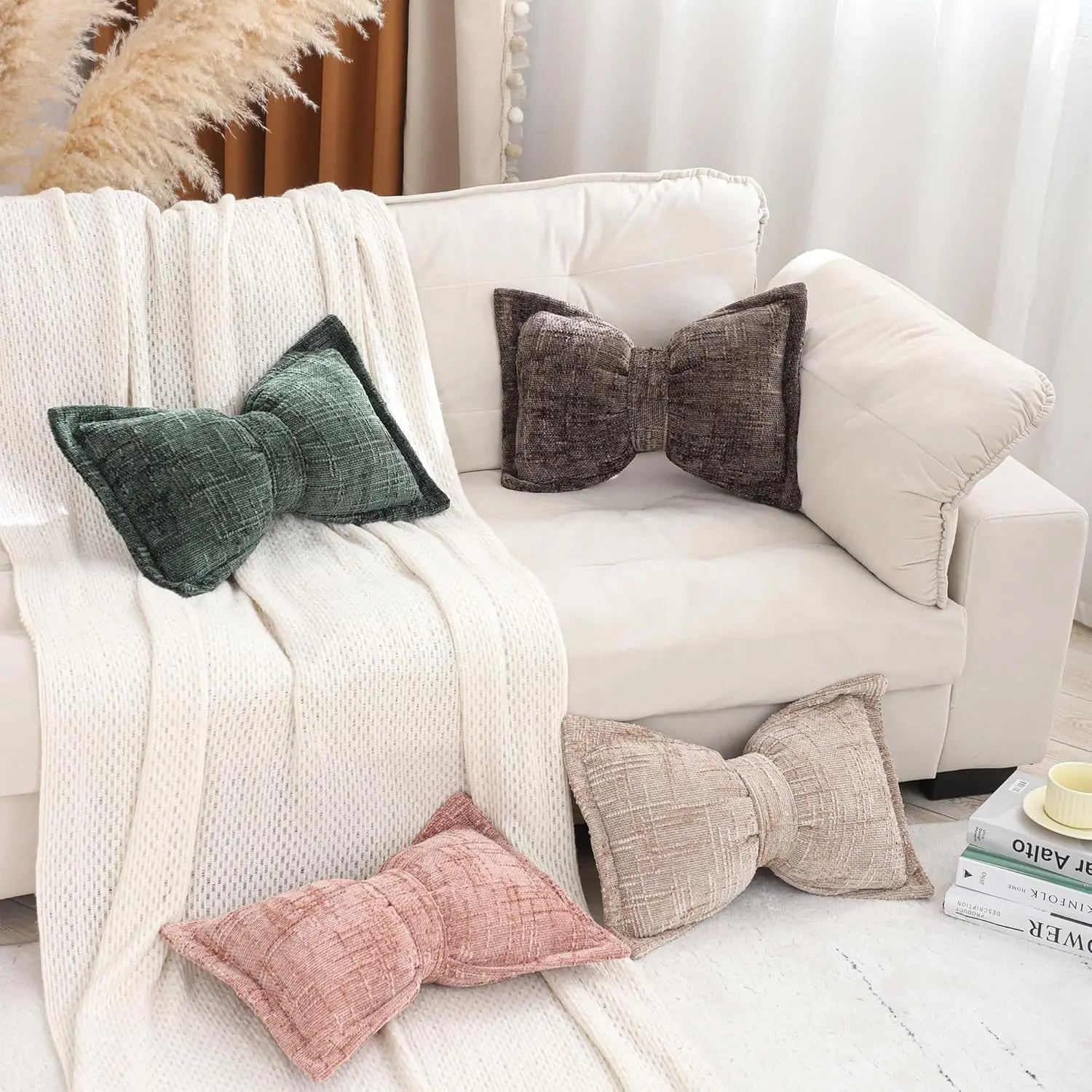 2 Stück Boho-Deko-Kissenbezüge mit Schleifenmuster, Chenille-Textur, große Schleifenförmige Kissenhüllen für Sofa, Wohnzimmer, Heimdekoration – Detail 11