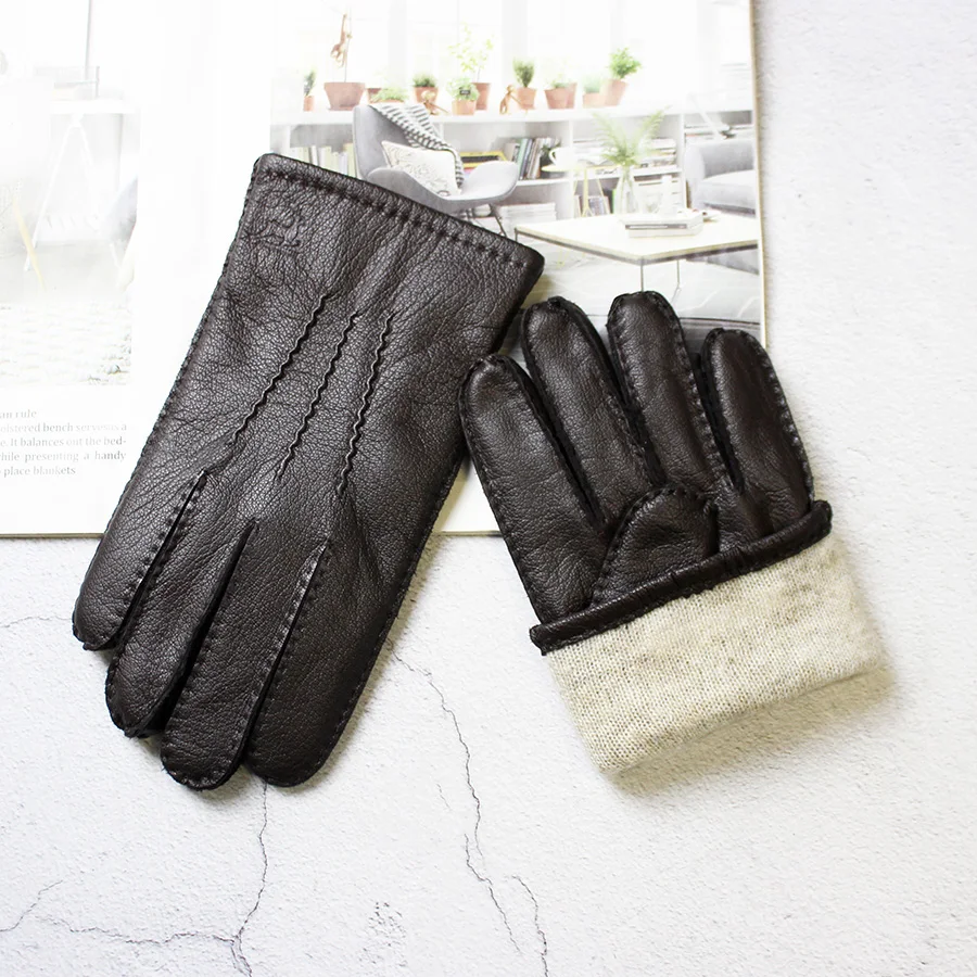 Leather Deerskin Gloves Men's Wool Lining Hand Sewn Fashion Stripe Style Warm Autumn and Winter Brown Touch Screen Split Fingers,warm gloves,leather gloves,male gloves