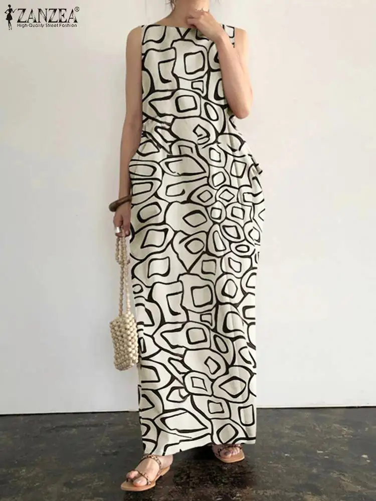

Women Bohemian Printed Maxi Dress ZANZEA Elegant Sleeveless Robe Longue 2023 Summer Beach Pocket Long Dresses Casual Tank Kaftan