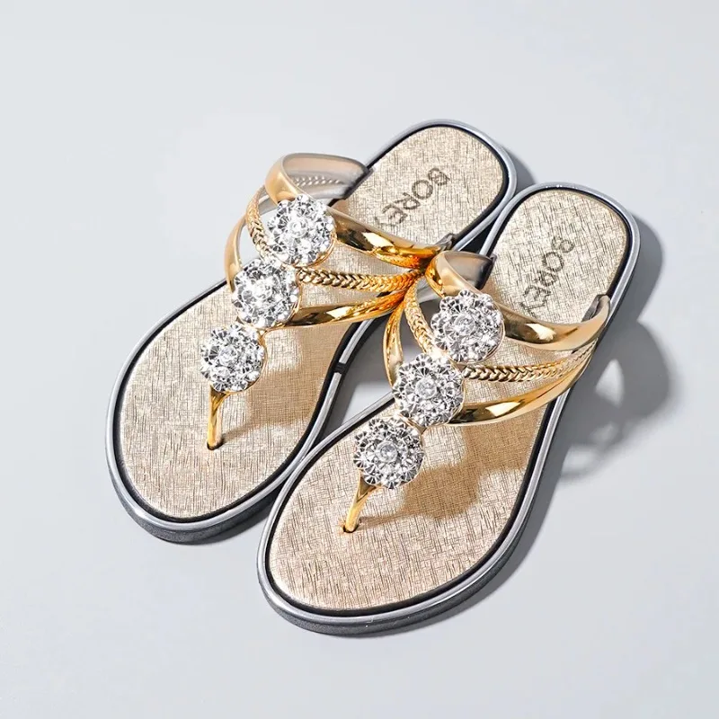 Women's Rhinestone Floral Flip Flops Outdoor Sandals Anti-Slip Flat Bottom Pedal Beach Shoes Comfortable Slip-On Summer Footwear