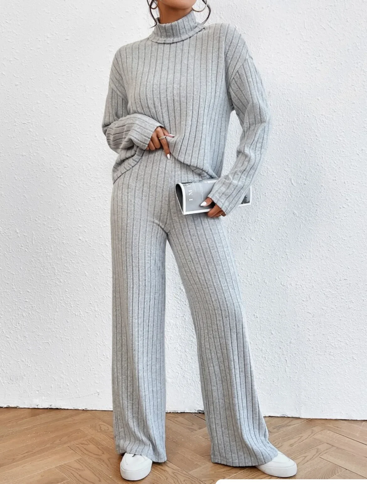 

Женский спортивный костюм из двух предметов, пуловер с длинным рукавом и высоким воротником, однотонные свитеры, брюки с широкими штанинами и эластичным поясом, повседневная одежда