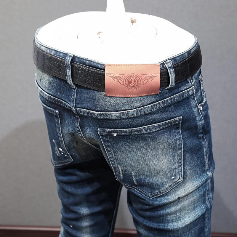 High Street Fashion Men Jeans Retro Black Blue Elastic Slim Hole Ripped Jeans Men Vintage Designer Hip Hop Denim Pants Hombre