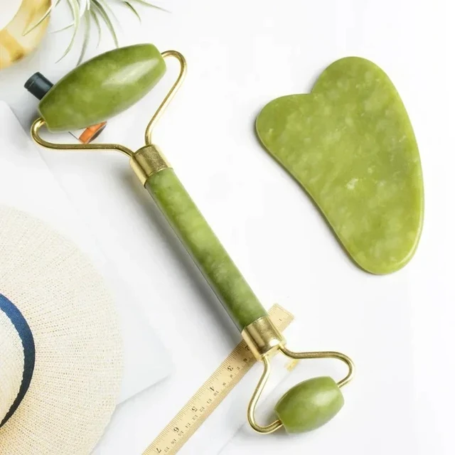 Jade Massage Set: Facial Roller + Double Head Gua Sha for Lifting and Anti-aging